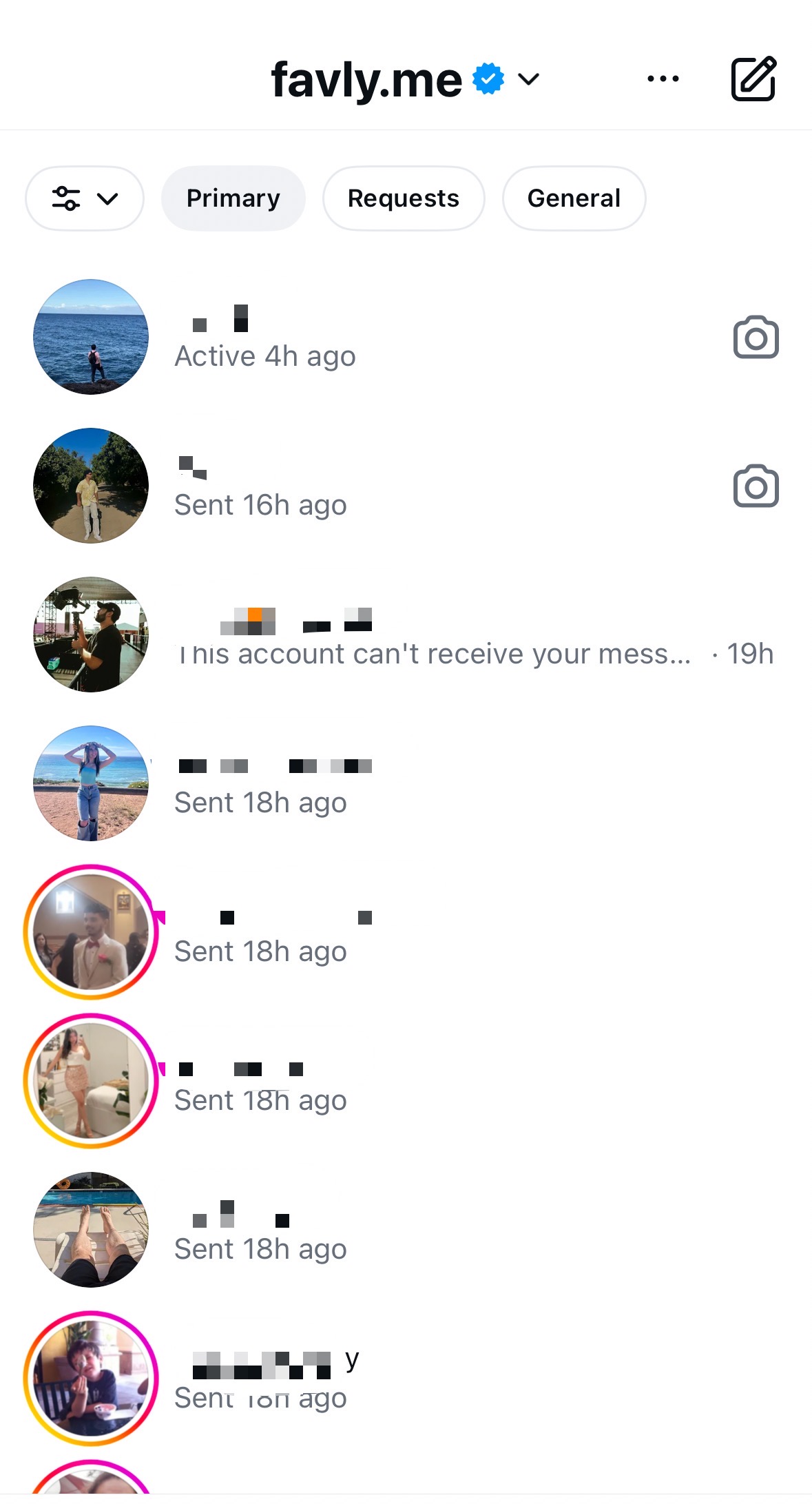 Screenshot of the Favly Instagram account's DM inbox with many "Sent" statuses indicating messages that never got a reply