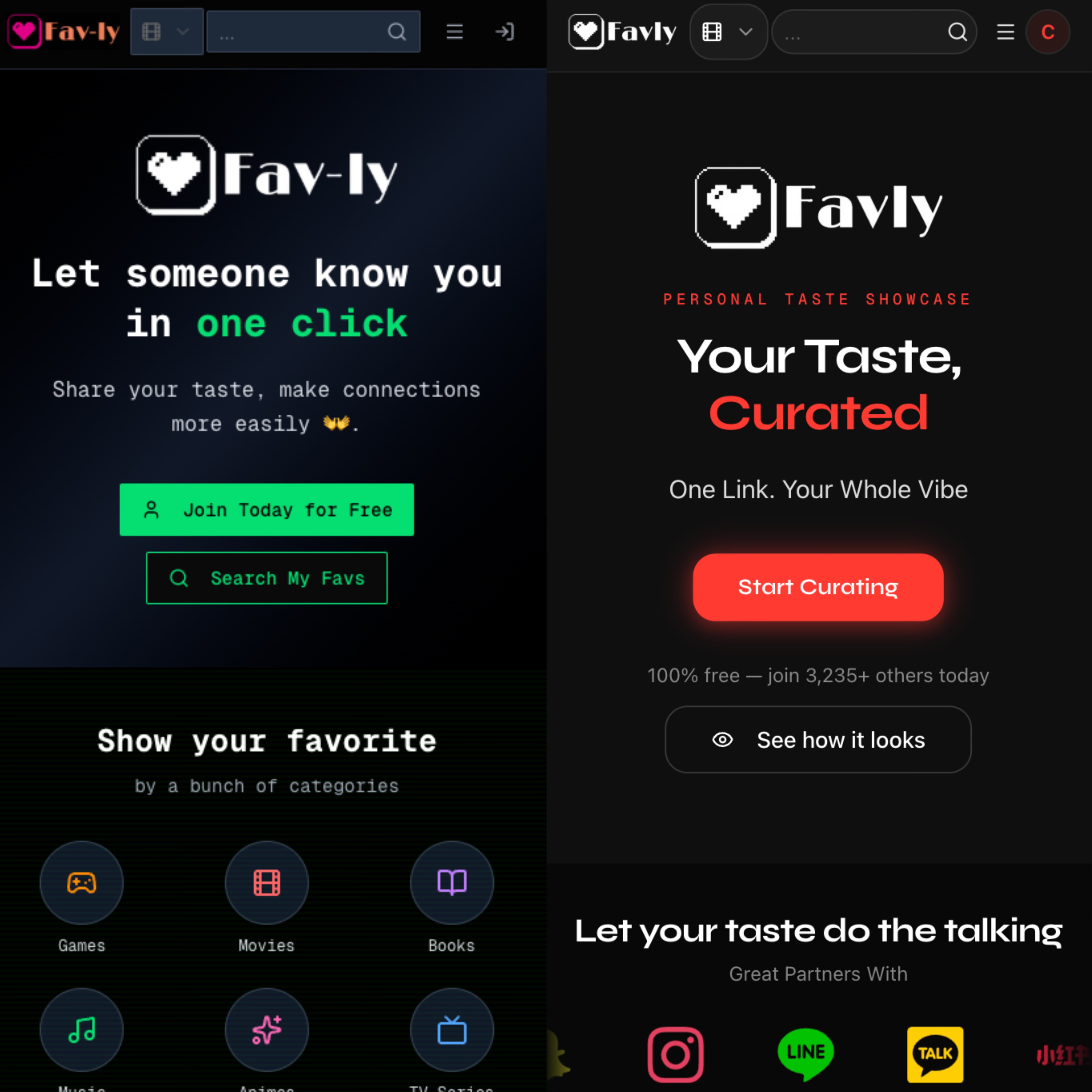 Side-by-side comparison of the Favly landing page before and after the rebrand from fav-ly to favly