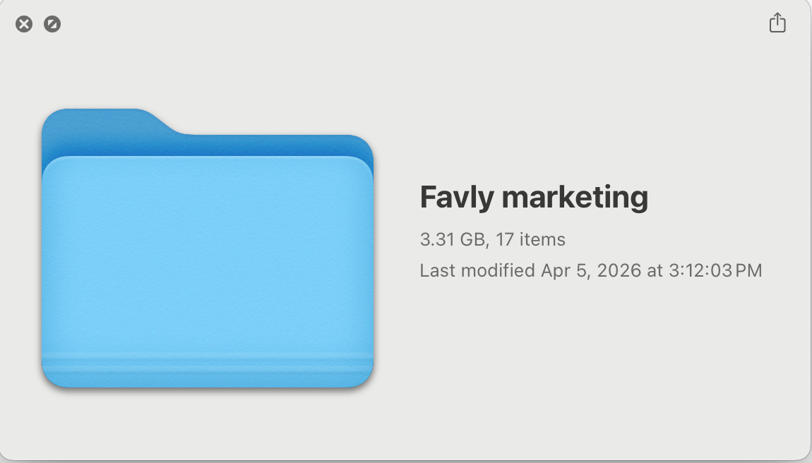 A macOS Finder window showing a folder named "Favly marketing" containing 3.31 GB across 17 items