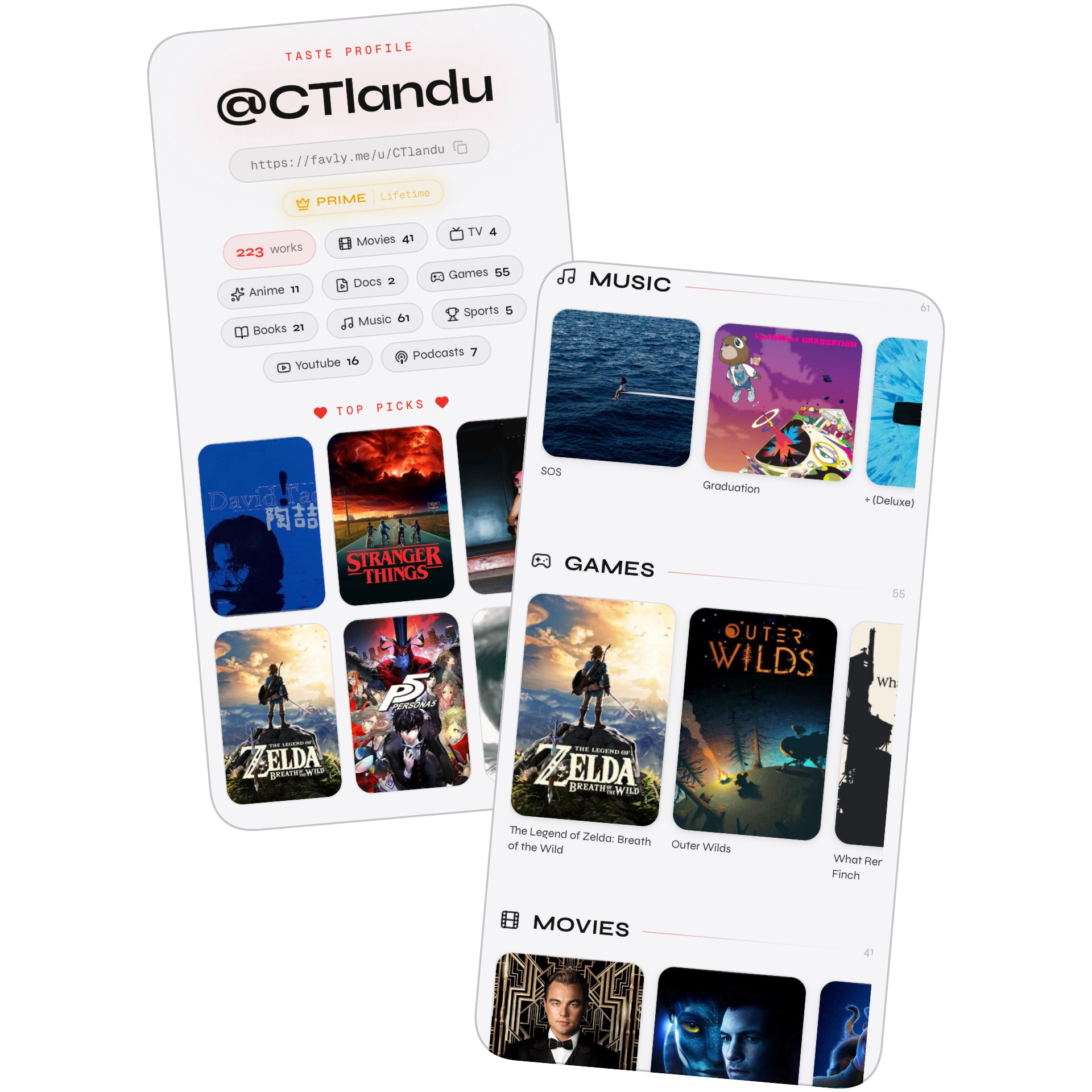 The current version of the Favly profile page with the updated branding, showing 223 works and a Prime badge