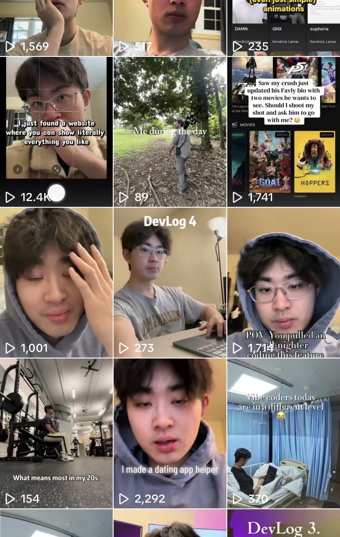 A grid of TikTok videos posted for Favly, showing view counts ranging from 89 to over 12,000